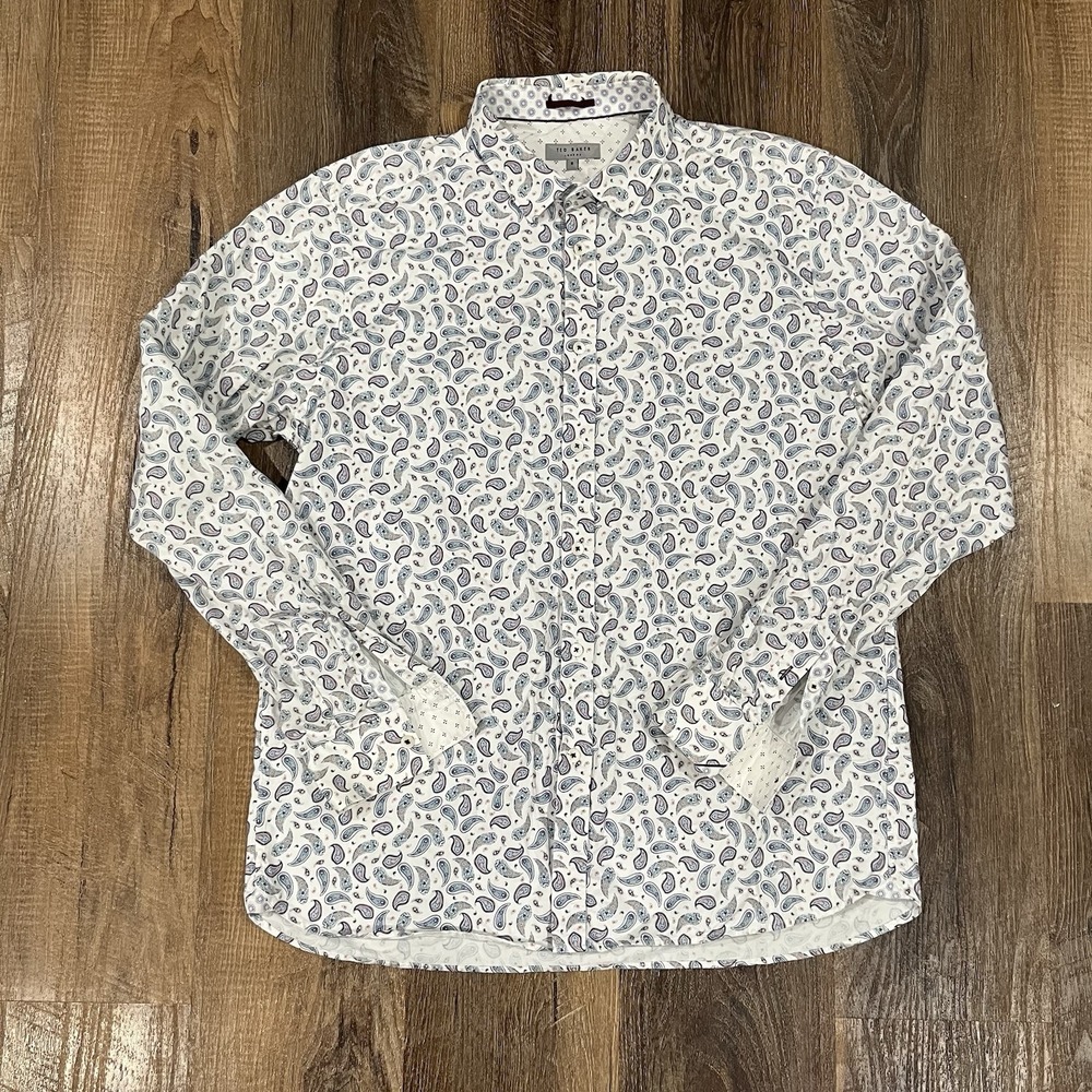 Ted Baker Men's Cotton White/Blue Paisley Dress Shirt Size 6 size L